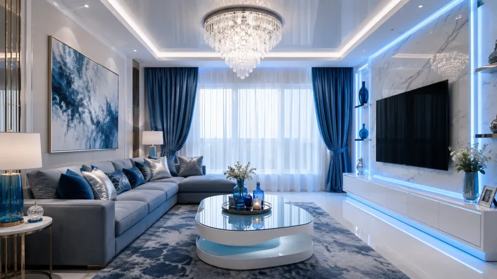 Luxury living spaces with marble TV wall framed by blue LED lights and velvet blue sectional