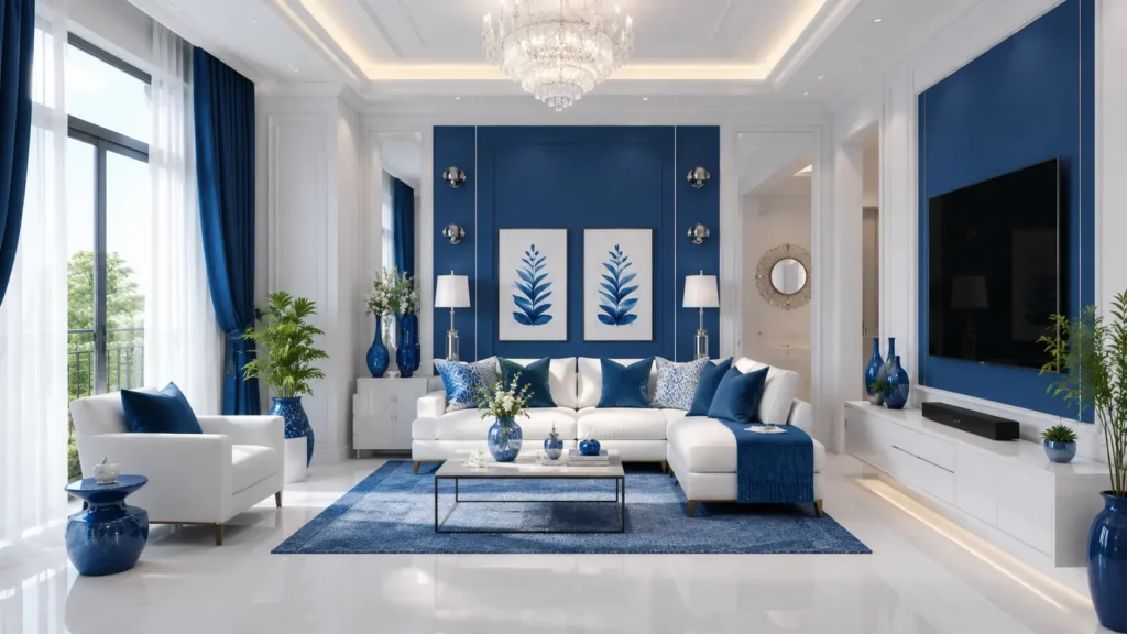 Elegant living spaces featuring royal blue accent wall, white leather sectional, and blue ceramic vases