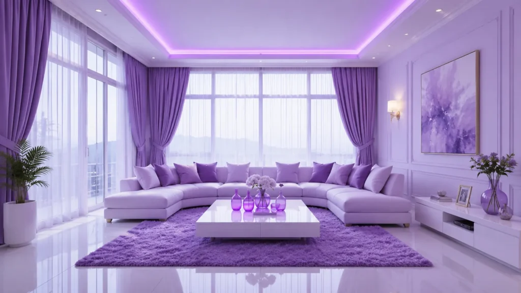Monochromatic purple luxury living spaces with curved sectional sofa and neon purple ceiling LED