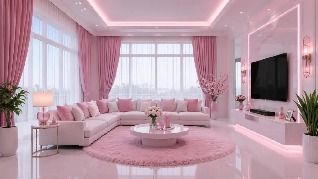 Blush pink luxury living spaces with pink LED media wall frame and round shaggy pink rug