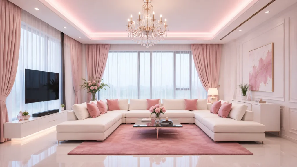 Rose gold themed living spaces with large U-shaped white sectional and grand crystal chandelier