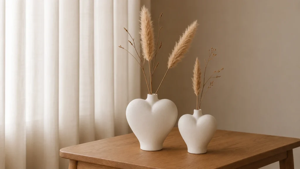 Dual heart ceramic vases for aesthetic desk decor setup