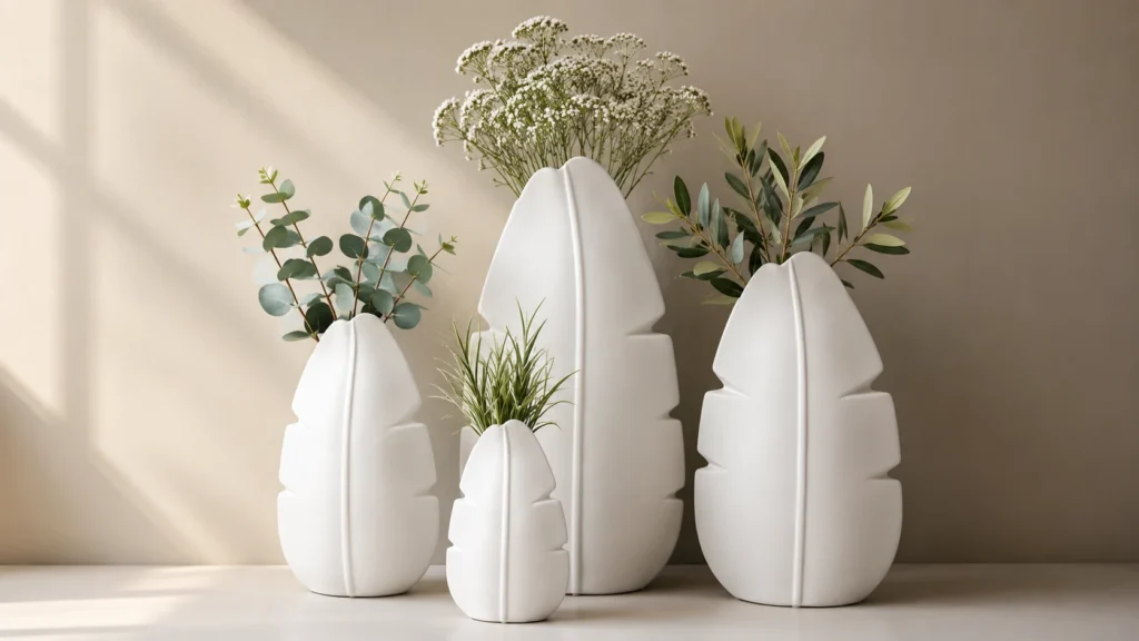 White banana leaf sculptural ceramic vases for aesthetic desk decor