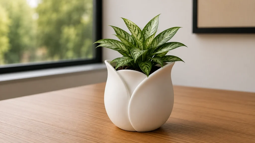 White tulip petal shaped planter pot for aesthetic desk decor