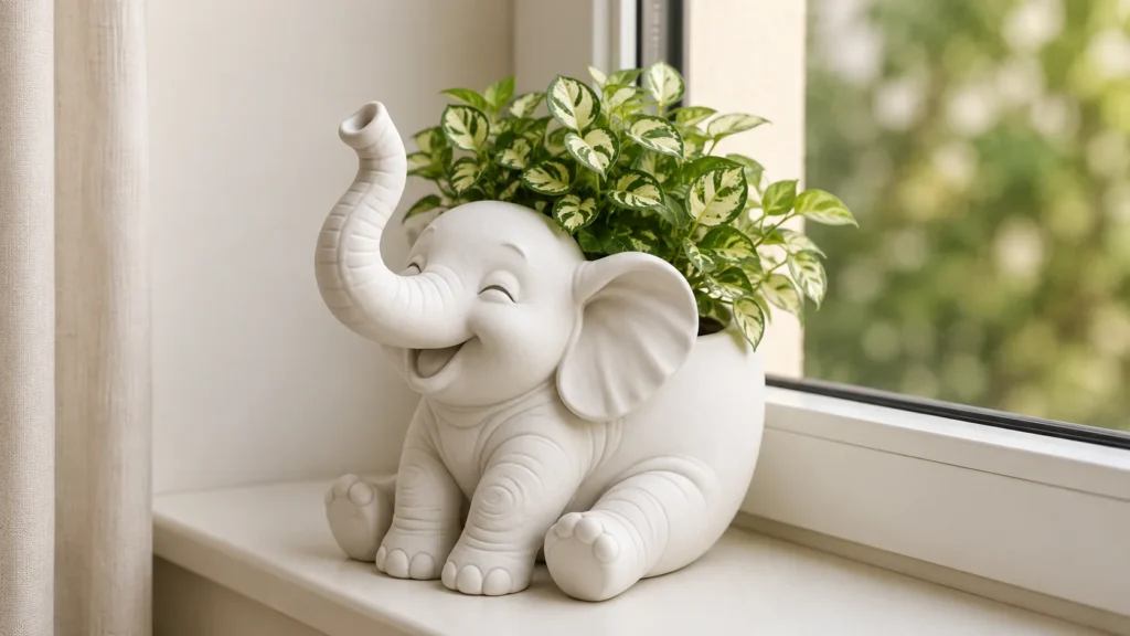 Cute white elephant ceramic planter as playful aesthetic desk decor