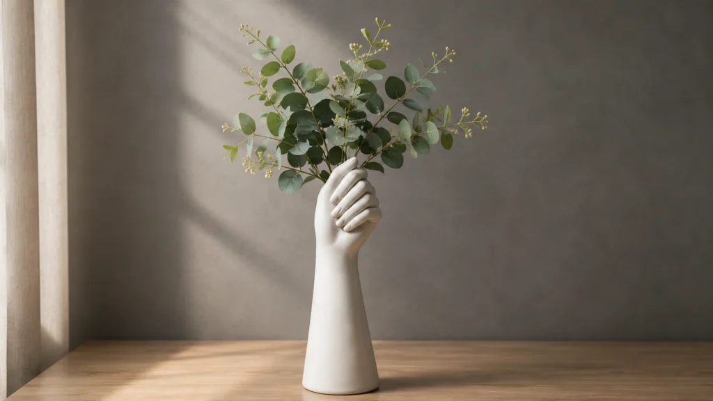 Ceramic hand sculpture holding foliage for aesthetic desk decor