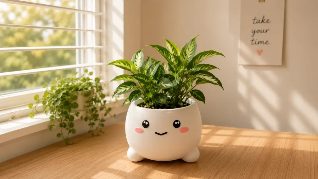 Cute smiling white ceramic plant pot for aesthetic desk decor