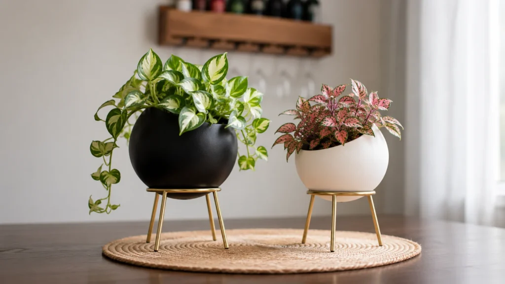 Black and white spherical planters on brass tripod stands for aesthetic desk decor