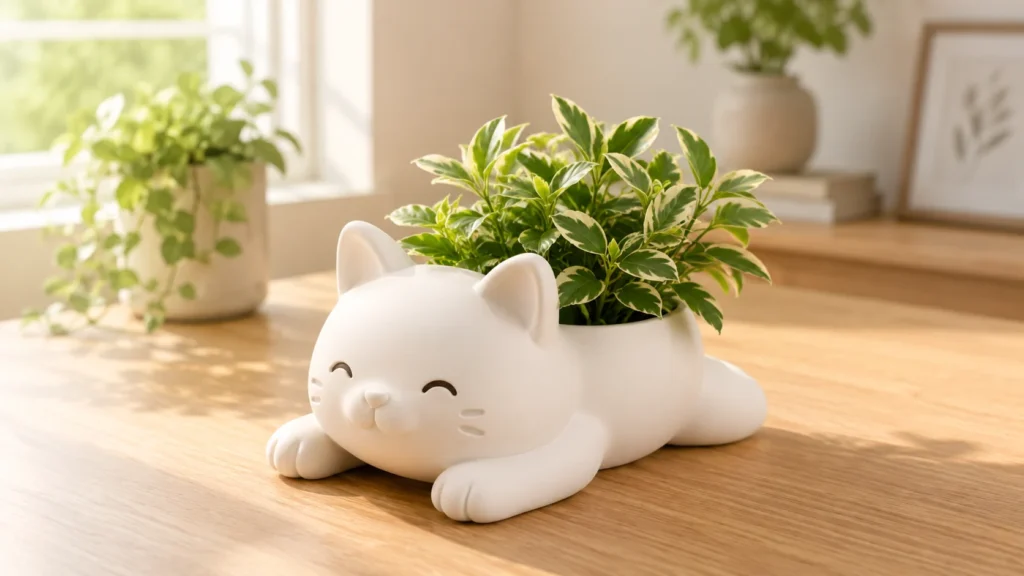Resting white cat shaped ceramic planter for aesthetic desk decor