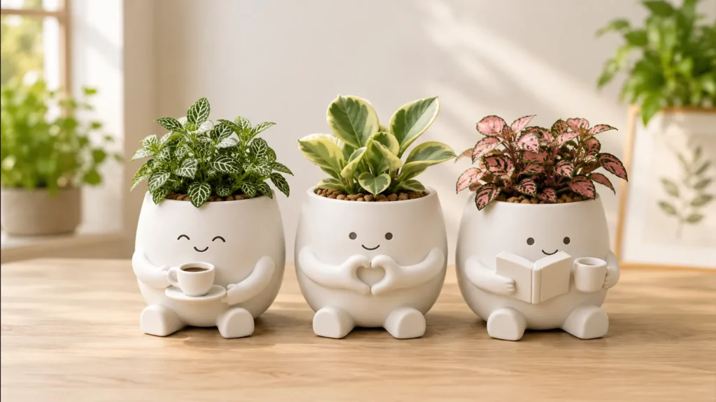 Set of three white ceramic character planters as aesthetic desk decor