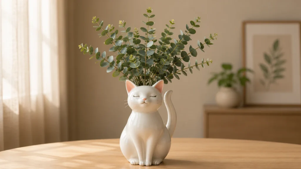 Elegant seated white cat ceramic vase for aesthetic desk decor