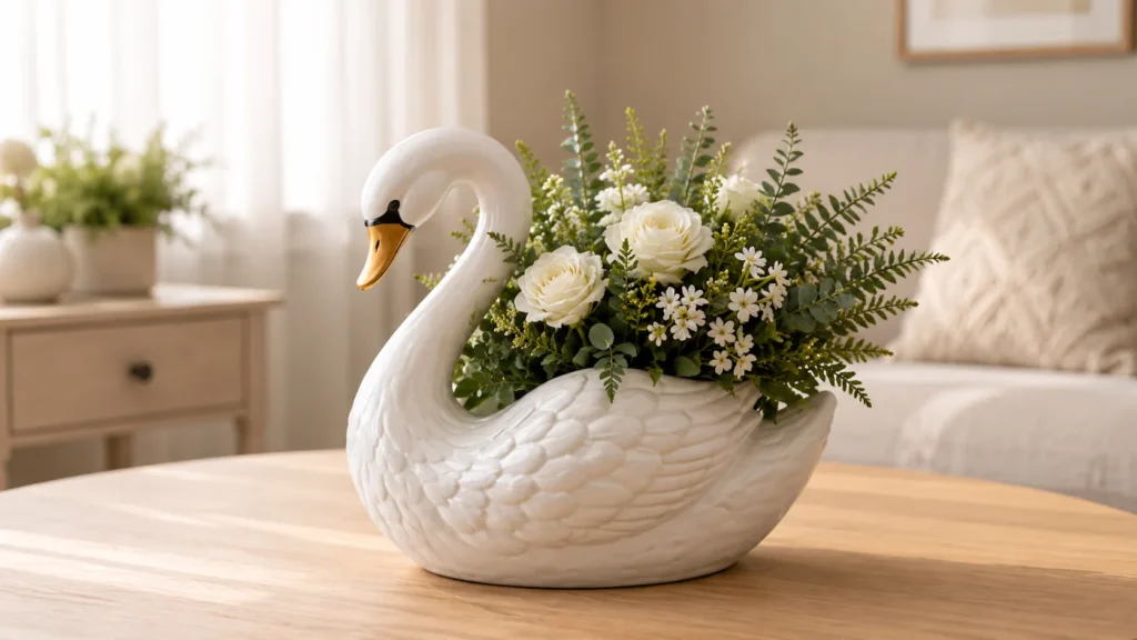 White swan shaped ceramic planter with roses for aesthetic desk decor