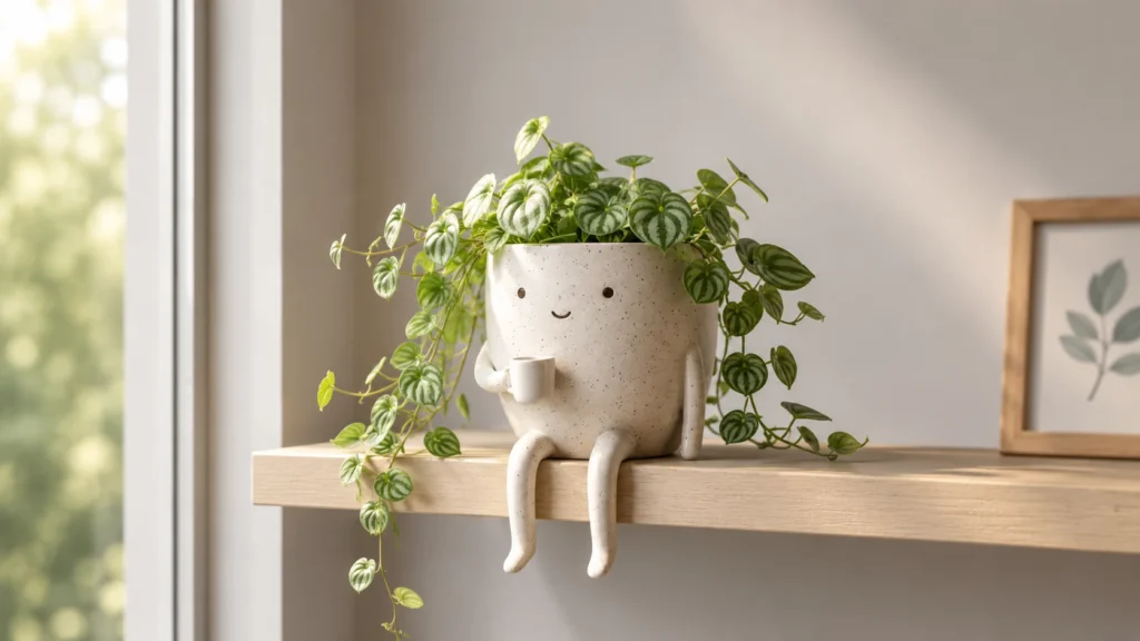 Dangle leg ceramic planter sitting on desk shelf as aesthetic desk decor