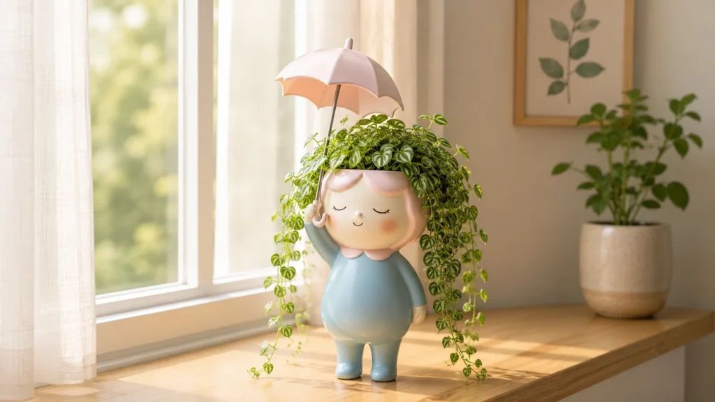 Girl holding pastel umbrella ceramic planter for aesthetic desk decor