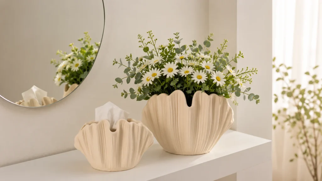 Ceramic seashell scallop vase and tissue box set for aesthetic desk decor
