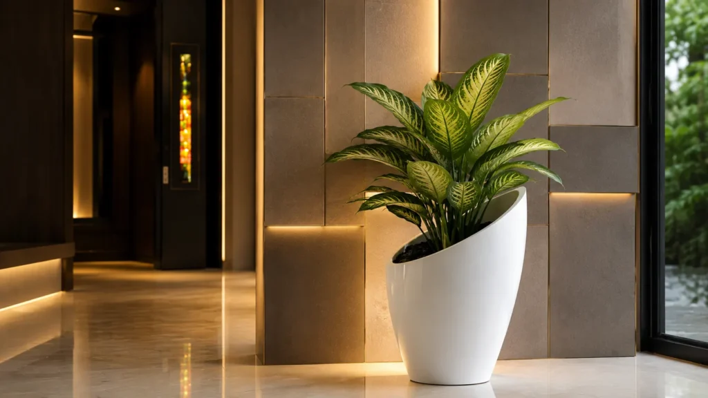 Dusty pink textured ceramic planter sitting on a warm wood credenza
