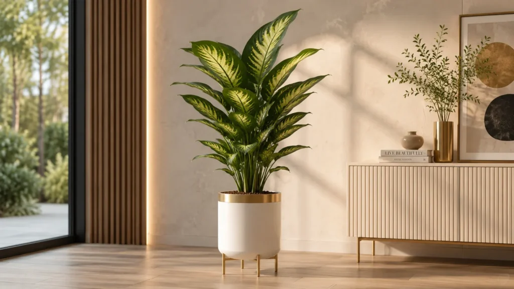 Sleek matte black slanted floor planter in a luxury modern living room