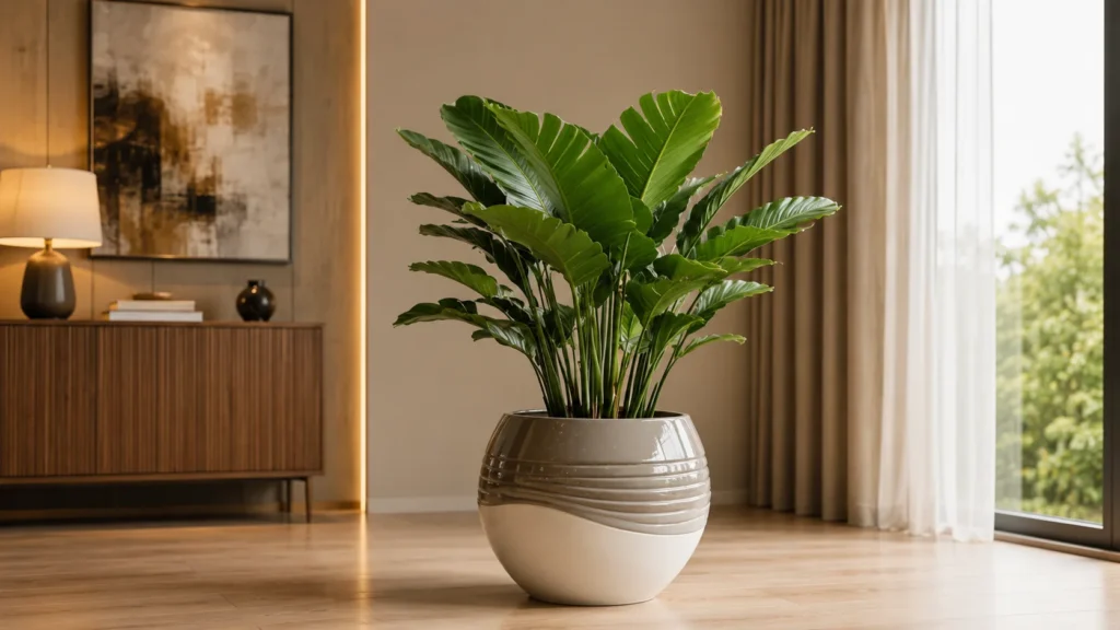 Tall white origami-style geometric faceted planter standing near a blue sofa