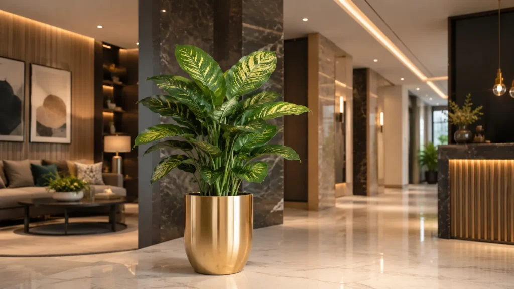 Fluted teal green planter elevated on a dark matte tripod base