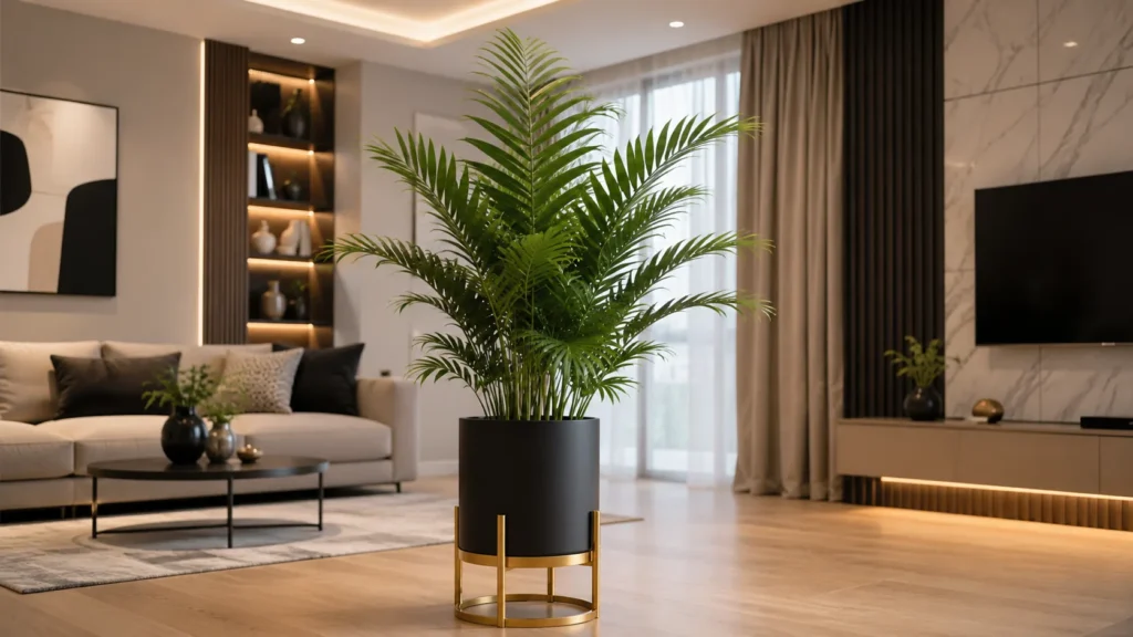 Matte sage green wavy sculptural planter sitting on a white credenza