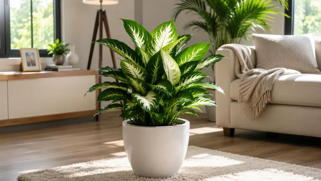 Dark charcoal textured spherical floor planter next to a large sliding glass door