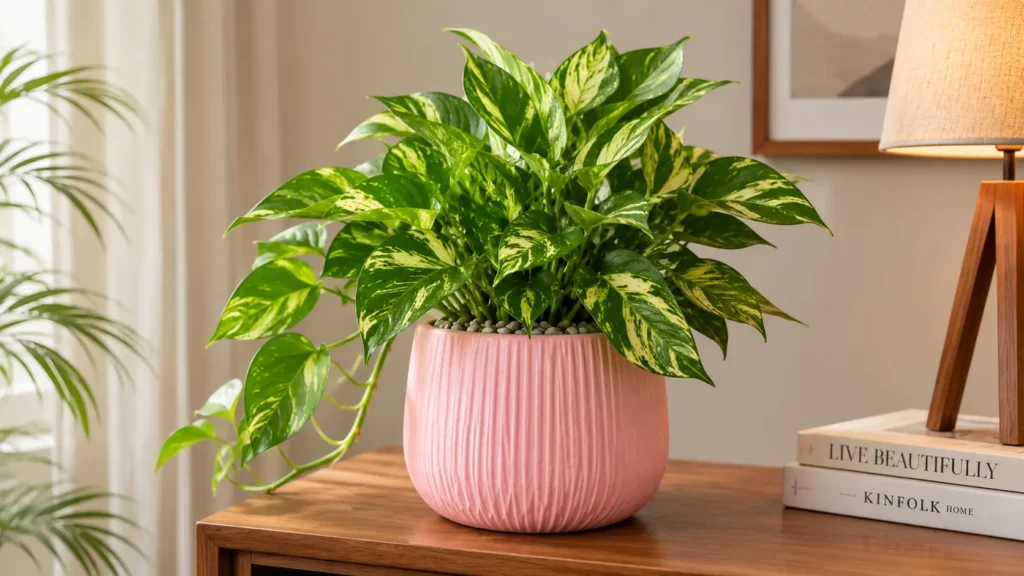 Dusty pink textured ceramic planter sitting on a warm wood credenza