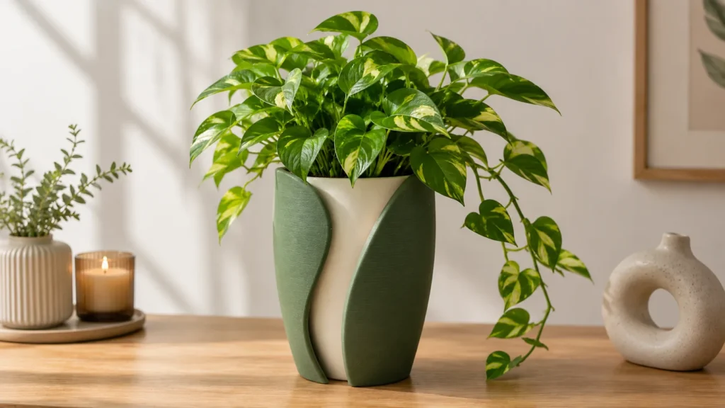 Sage green leaf-inspired outer shell wrapping a smooth white ceramic pot