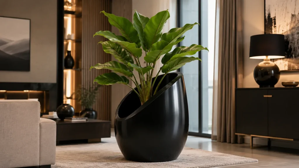Sleek matte black slanted floor planter in a luxury modern living room
