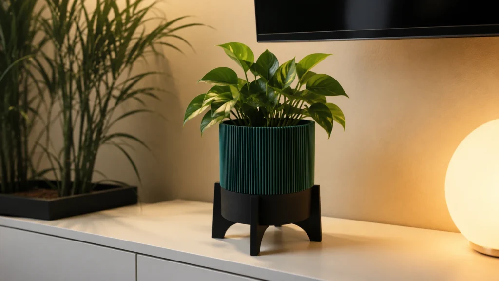 Fluted teal green planter elevated on a dark matte tripod base