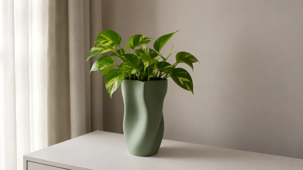 Matte sage green wavy sculptural planter sitting on a white credenza