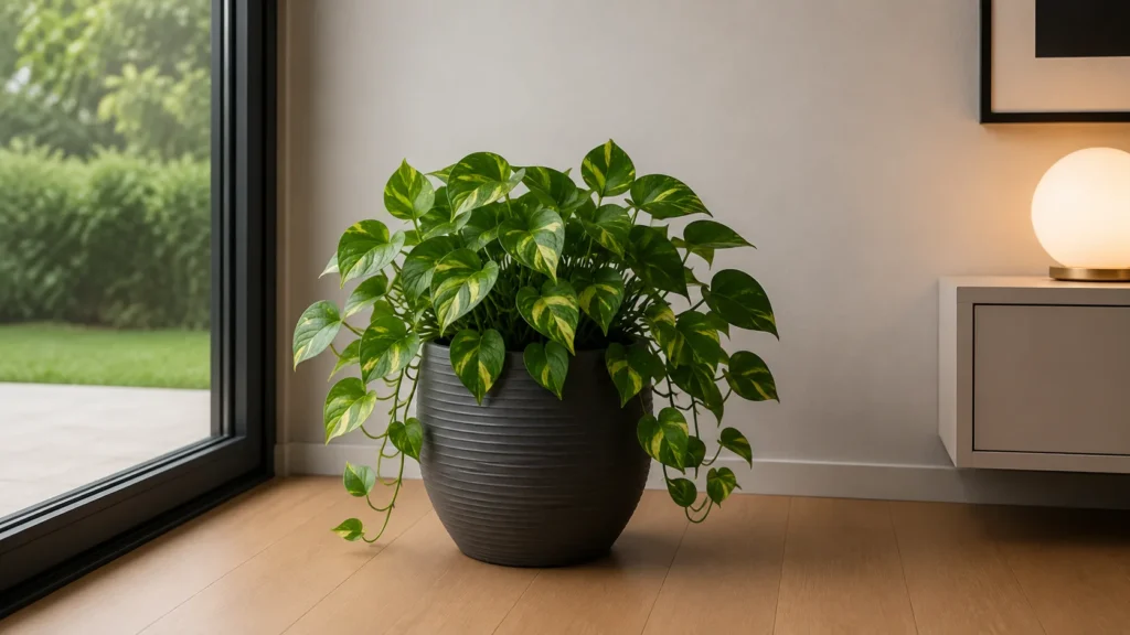 Dark charcoal textured spherical floor planter next to a large sliding glass door