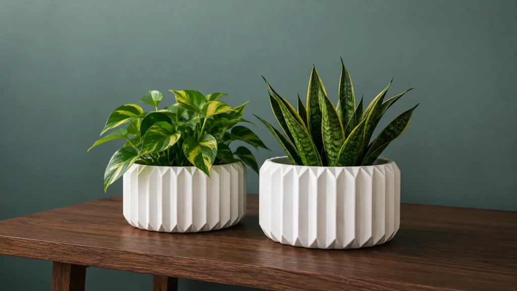 Pair of white origami-style faceted ceramic planters sitting side-by-side on a wooden desk