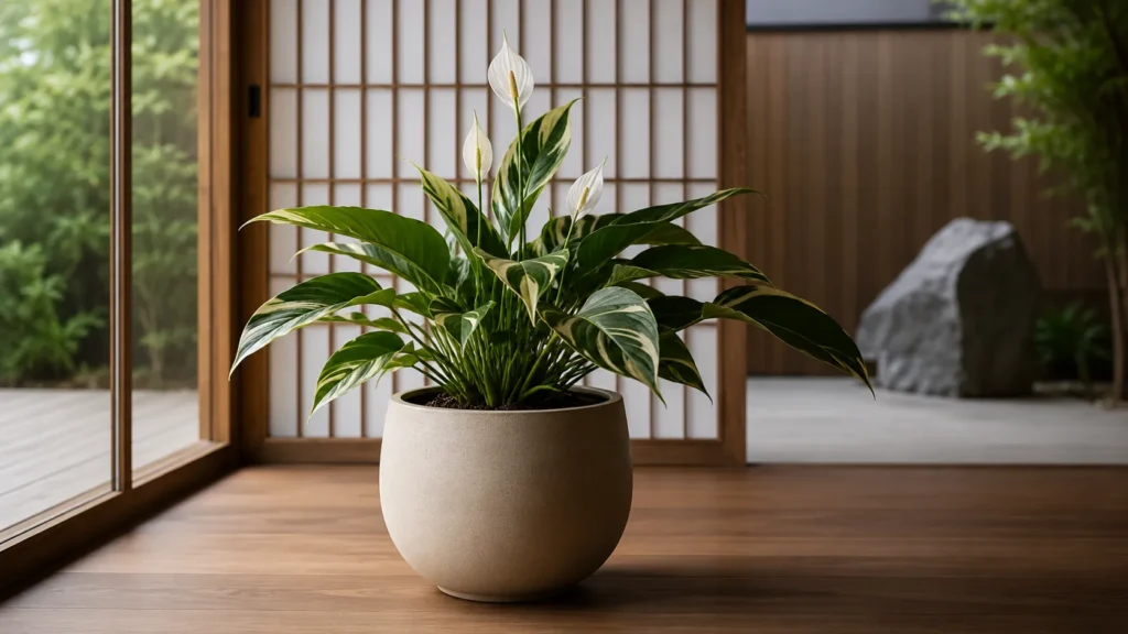 Beige textured sandstone spherical pot placed in a Japandi-style living room