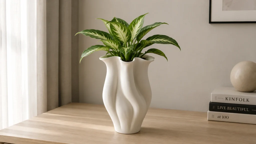Tall matte white sculptural vase planter with flowing petal edges on a wooden console