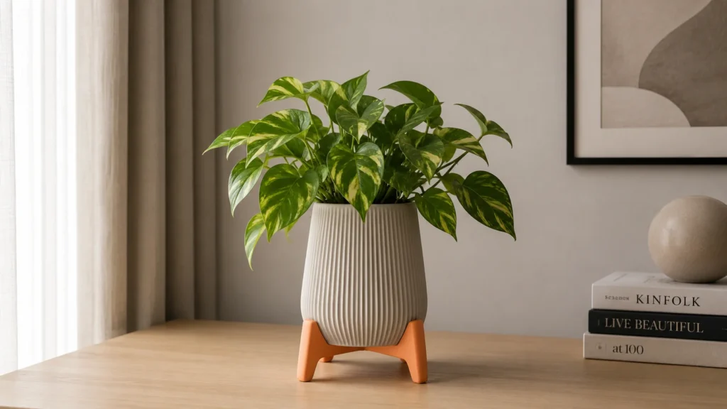 Light grey fine-ribbed ceramic pot resting on a terracotta tripod stand