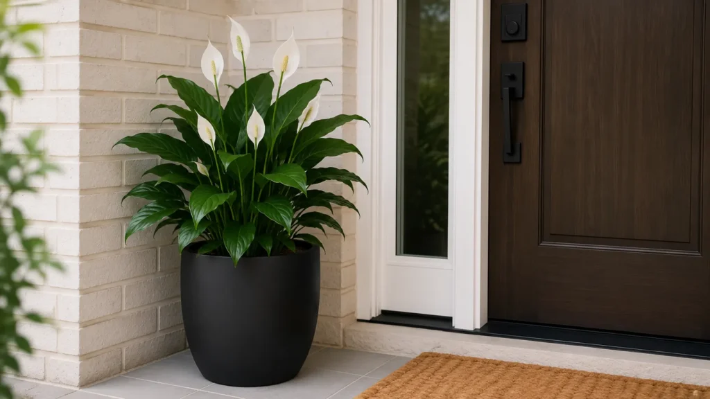 Large matte black egg-shaped floor planter standing near an entryway door