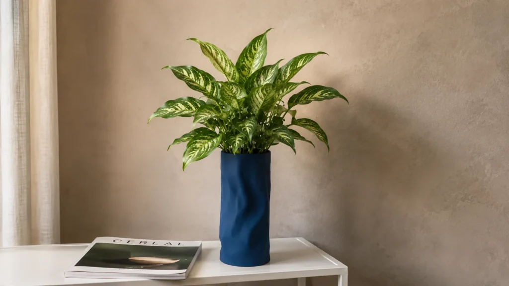 Tall cobalt blue sculptural wave planter on a white console table