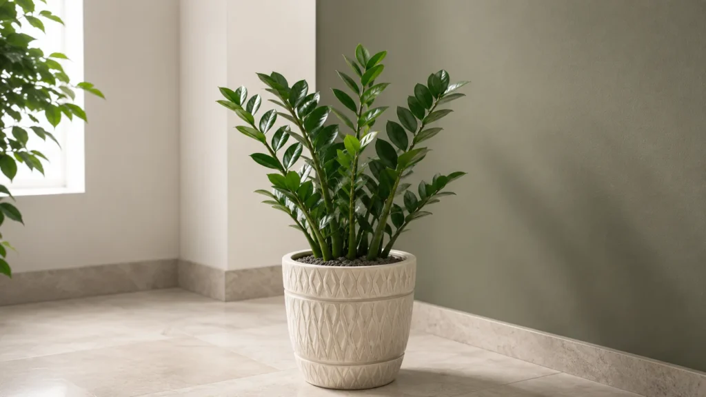 Off-white carved ceramic planter with diamond lattice pattern in a modern foyer