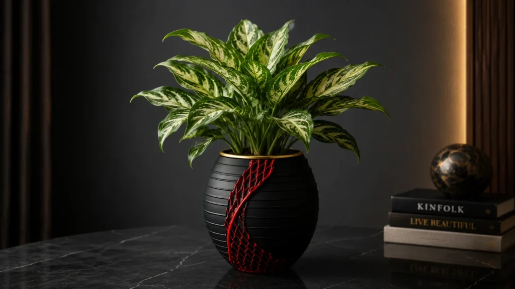 Textured black spherical planter with a bold red textured overlay and gold rim on a marble surface