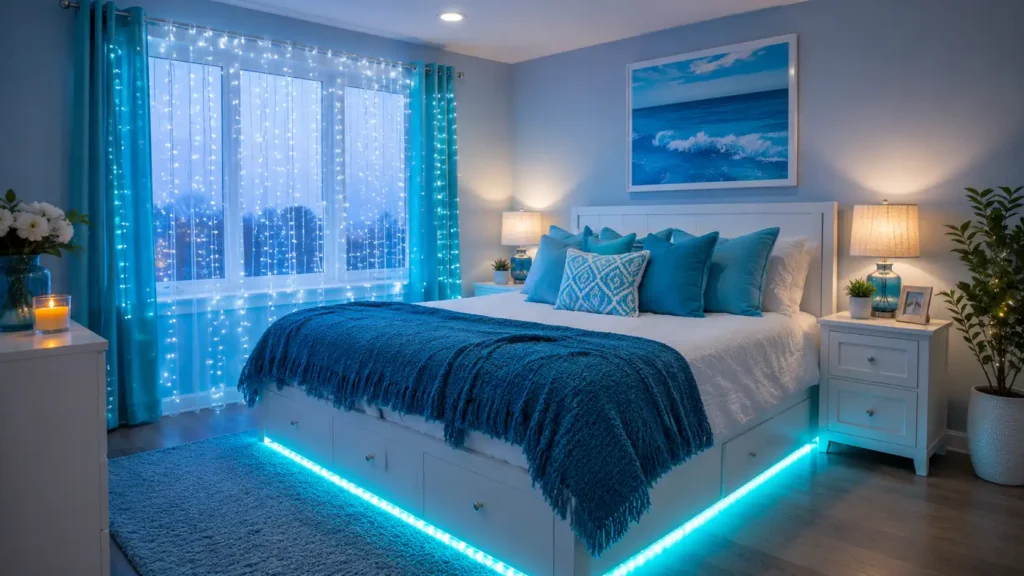 Oceanic Blue Feng Shui Bedroom with Under-Bed LED Lighting