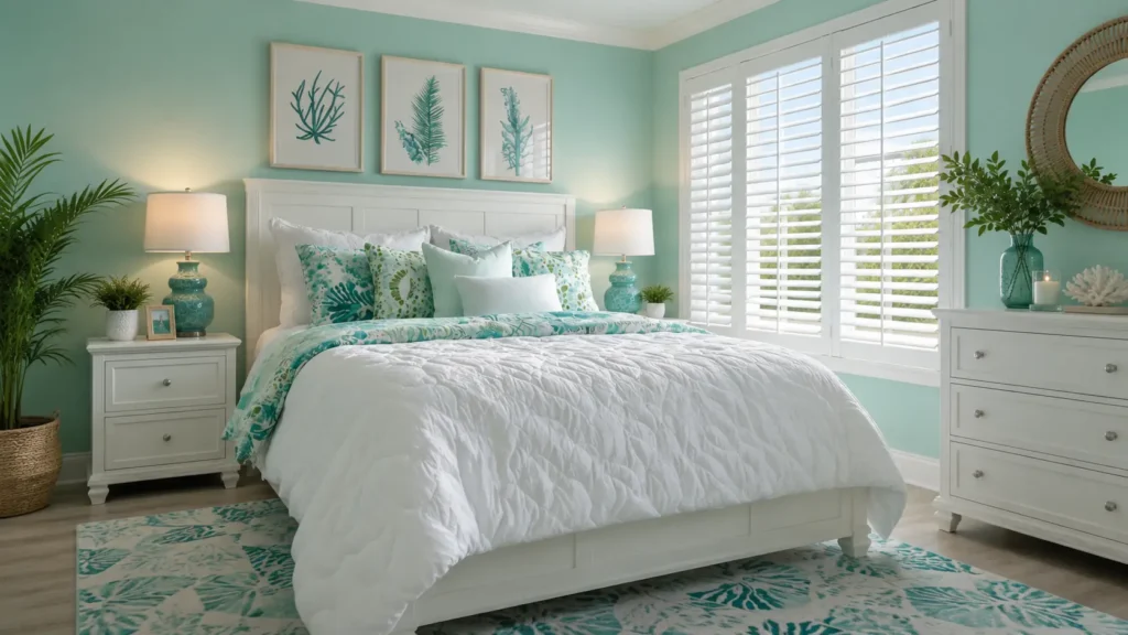 Coastal Mint Green Feng Shui Bedroom with Plantation Shutters