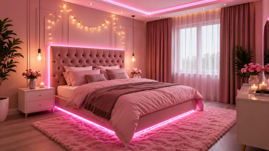 Romantic Rose Pink Feng Shui Bedroom with Tufted Headboard