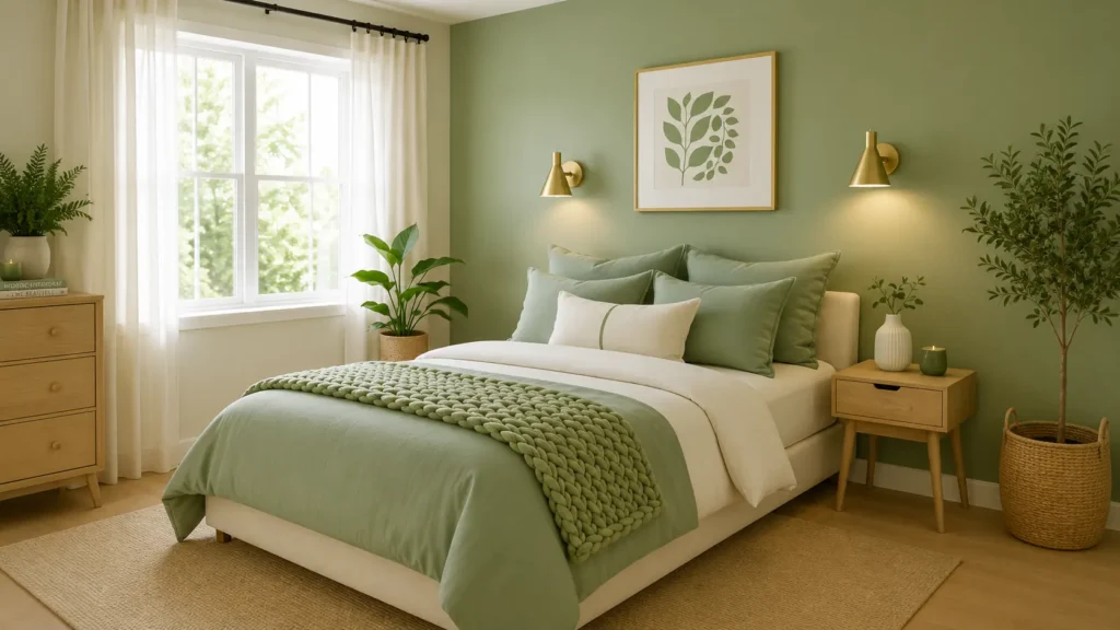 Sage Green Feng Shui Bedroom with Chunky Knit Throw