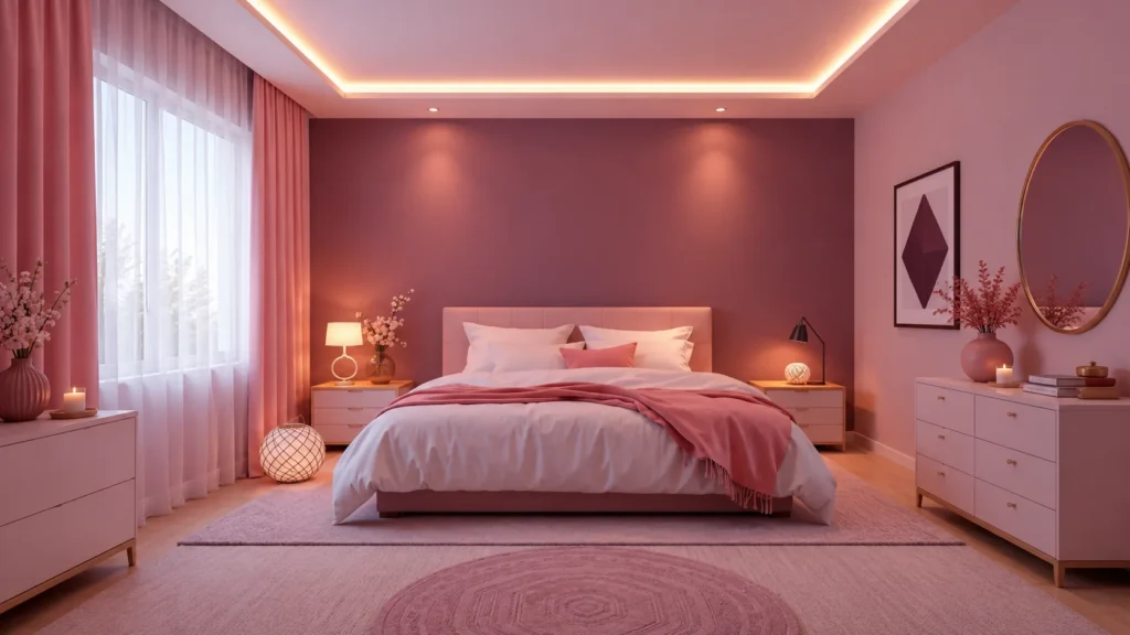 Blush Pink Feng Shui Bedroom with Perimeter Cove Lighting
