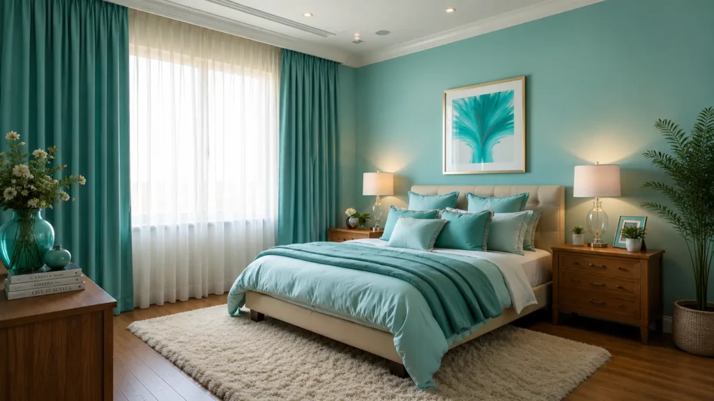Aqua Turquoise Feng Shui Bedroom with Warm Wood Accents