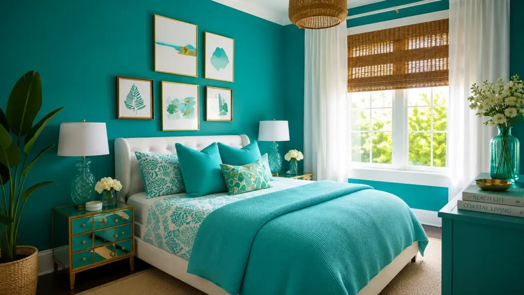 Deep Teal Luxury Feng Shui Bedroom with Gold Frame Gallery