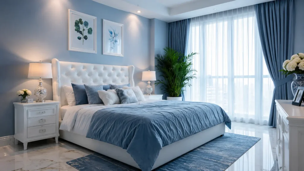 Powder Blue Feng Shui Bedroom with Tufted Headboard