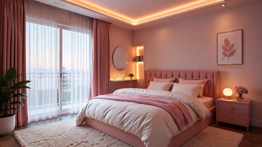 Mauve Pink Modern Feng Shui Bedroom with Balcony View