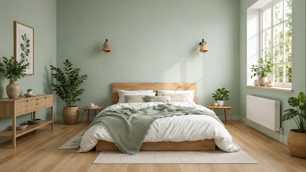 Sage Green Feng Shui Bedroom with Organic Wood Furniture