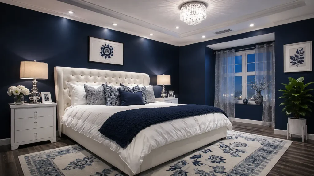 Deep Navy Blue Feng Shui Bedroom with Crystal Chandelier
